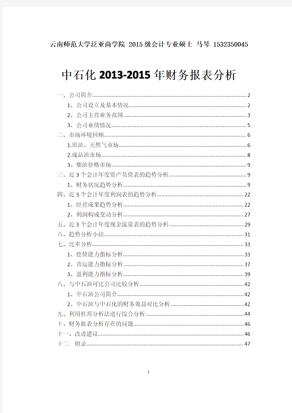 中石化 财务报表分析