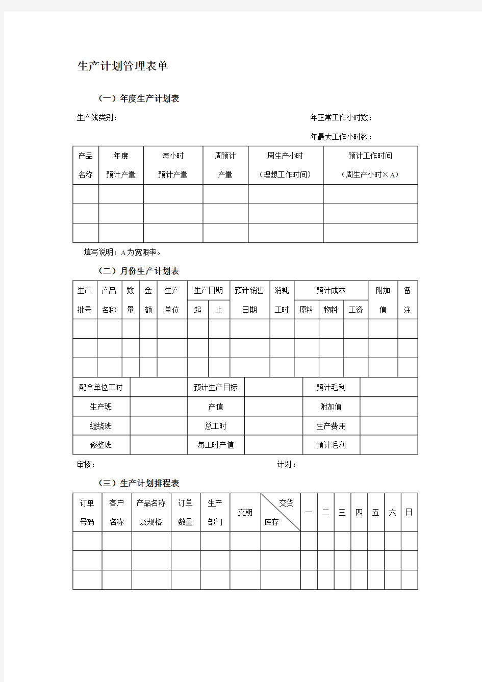 生产计划管理表单word版本