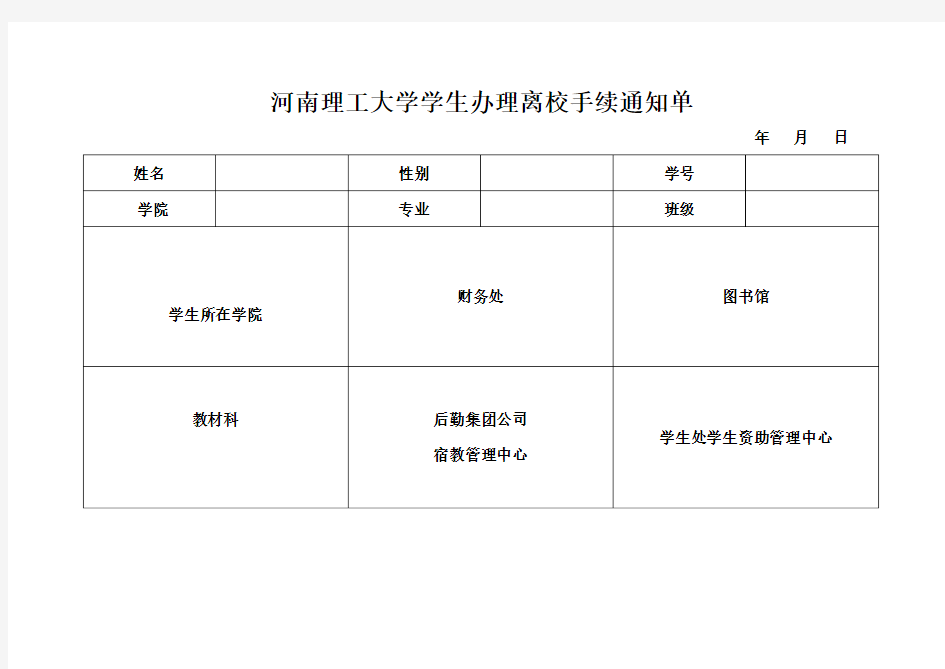 河南理工大学学生办理离校手续通知单