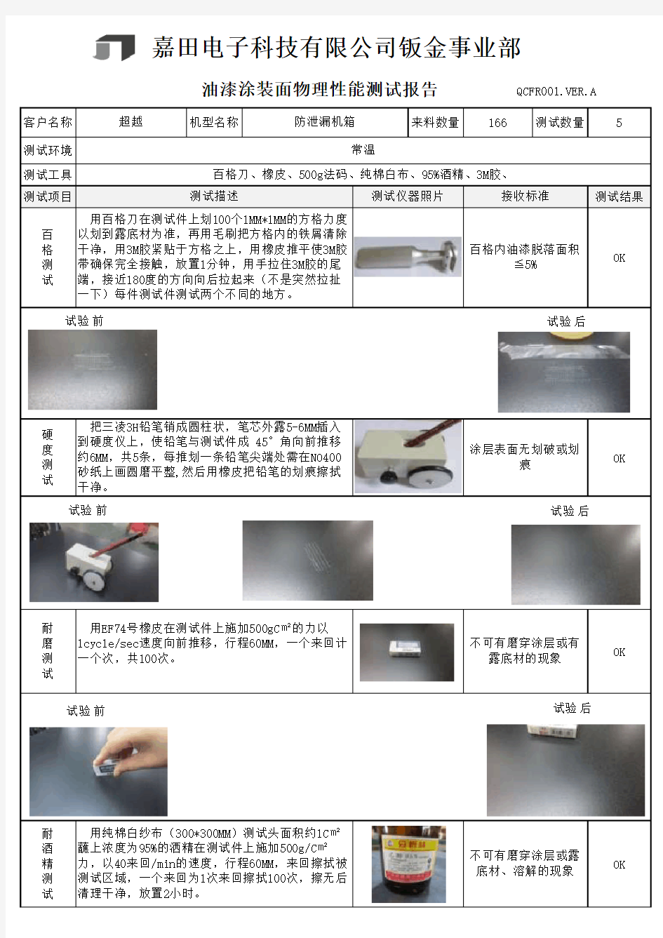 烤漆件物理性能测试报告1