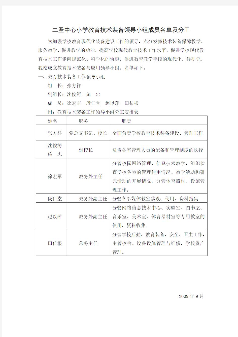 江阴市祝塘中学教育技术装备领导小组成员名单及分工