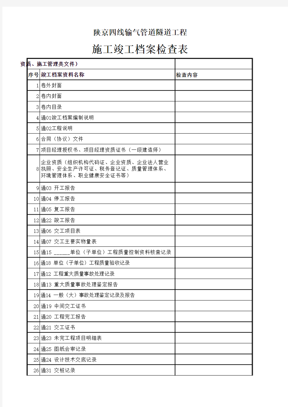 竣工资料检查表