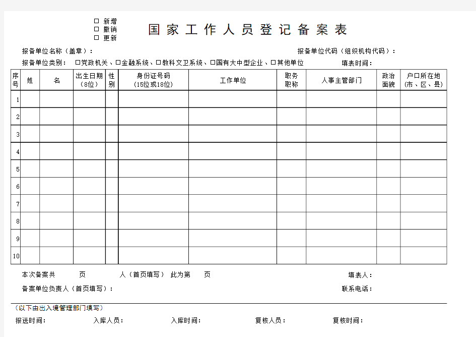 国家工作人员登记备案表