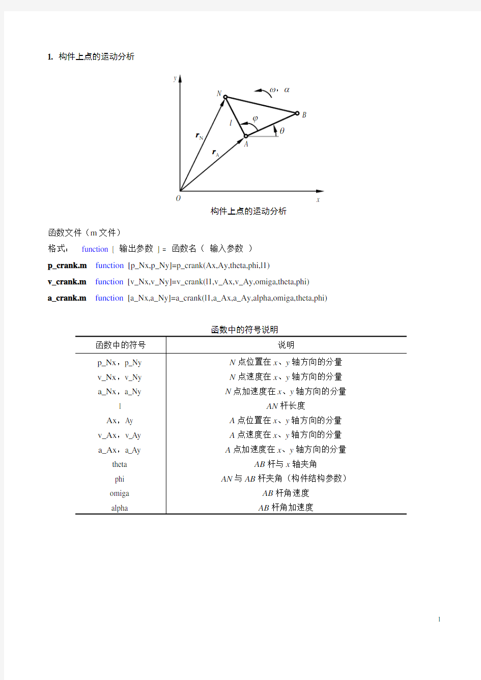 连杆机构运动分析&力分析Matlab语言m文件使用说明及算例