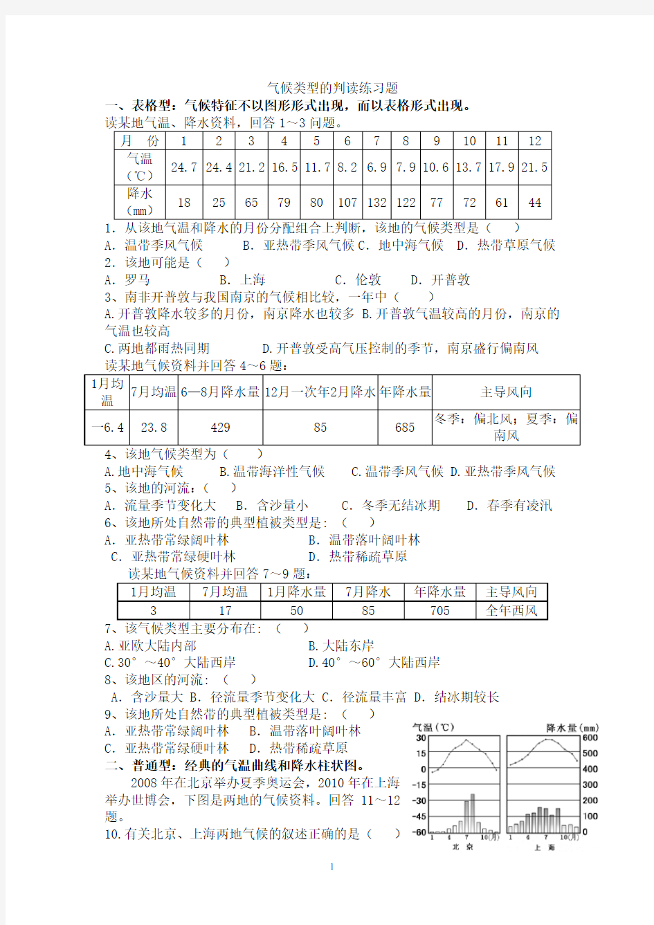 (一)气候类型的判读练习题