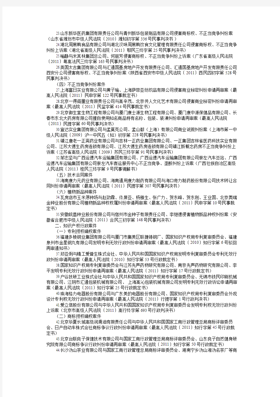 2011年中国法院知识产权司法保护50件典型案例名单