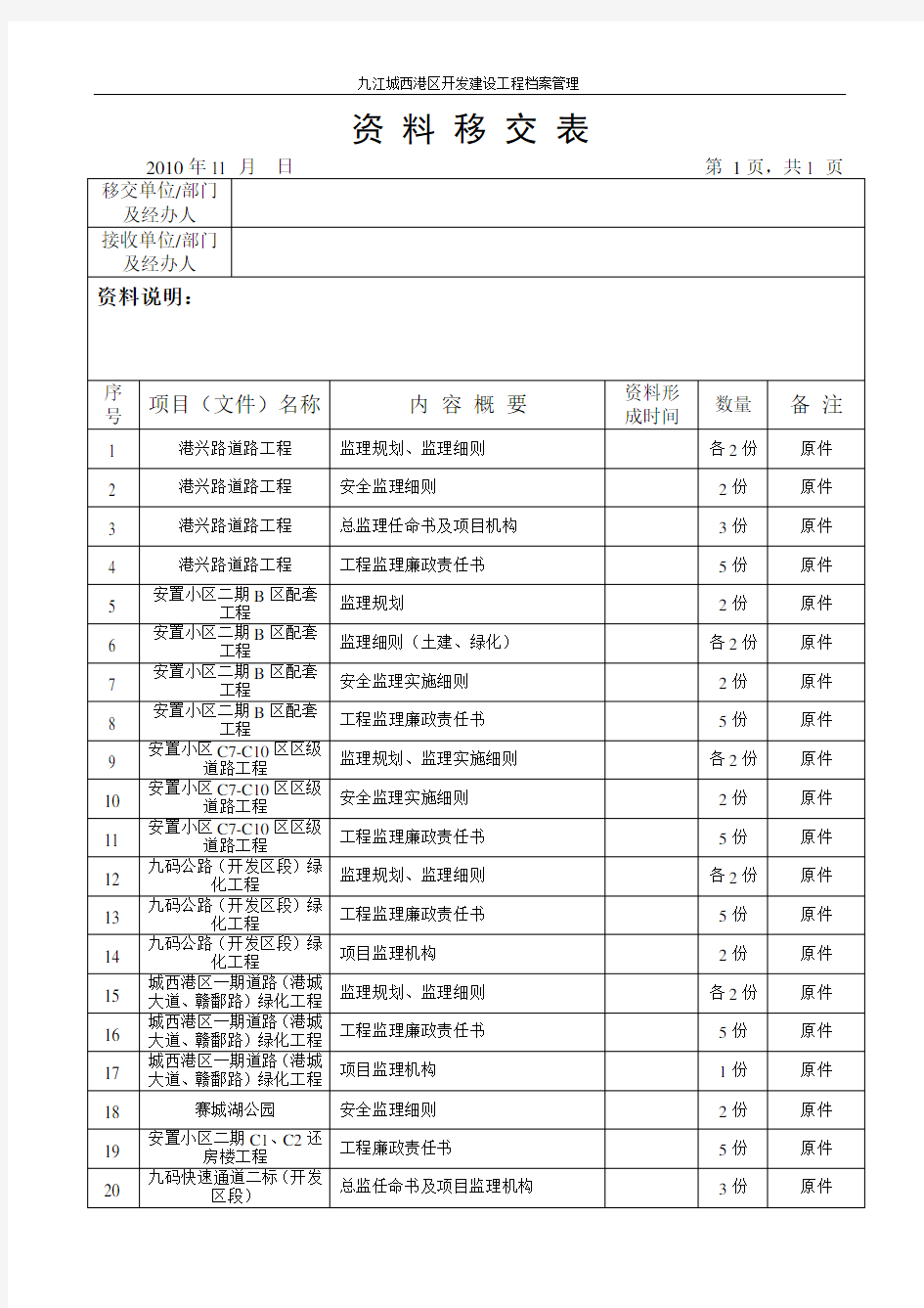 资料移交(签收)表