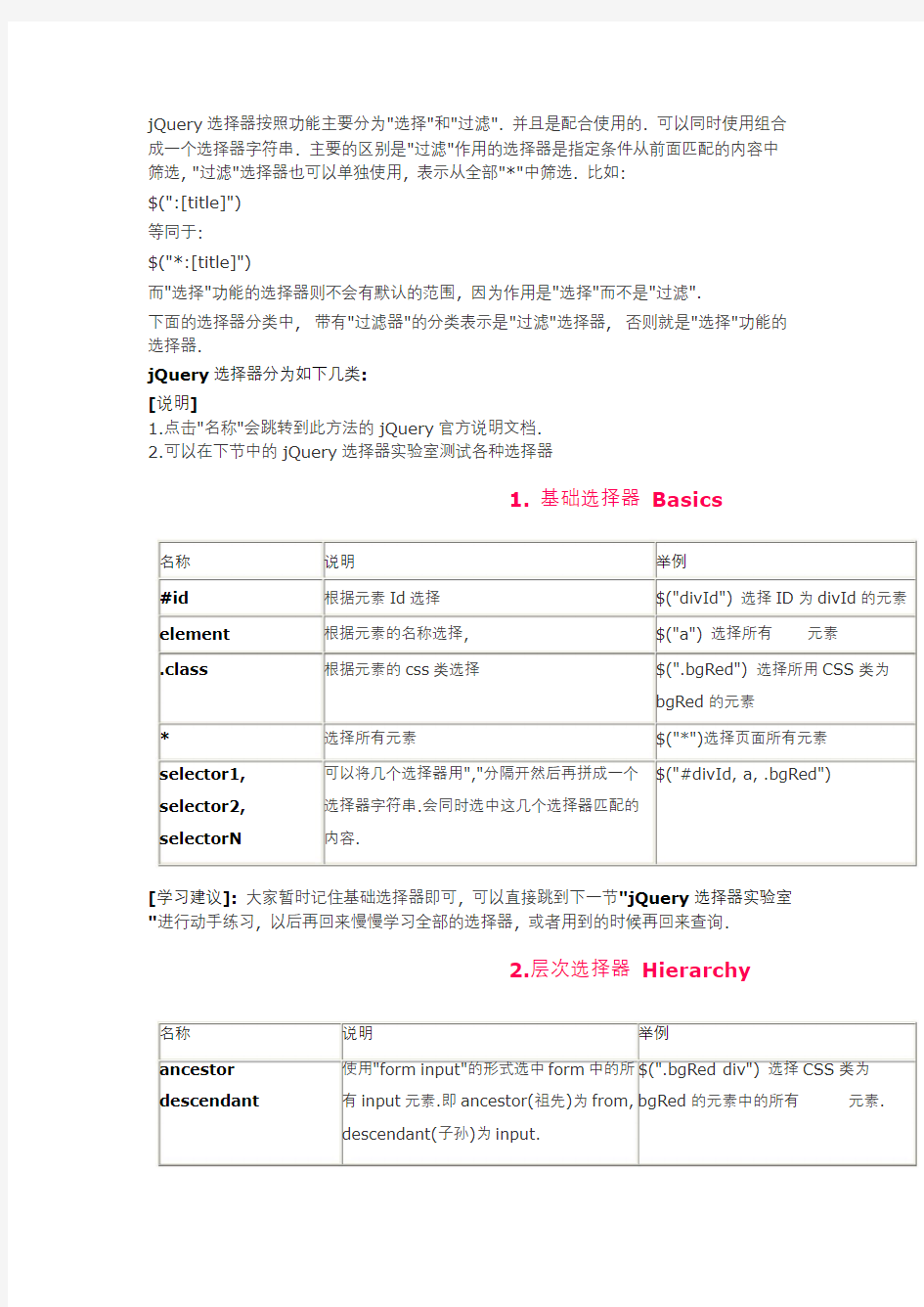 JQUERY选择器按照功能主要分为