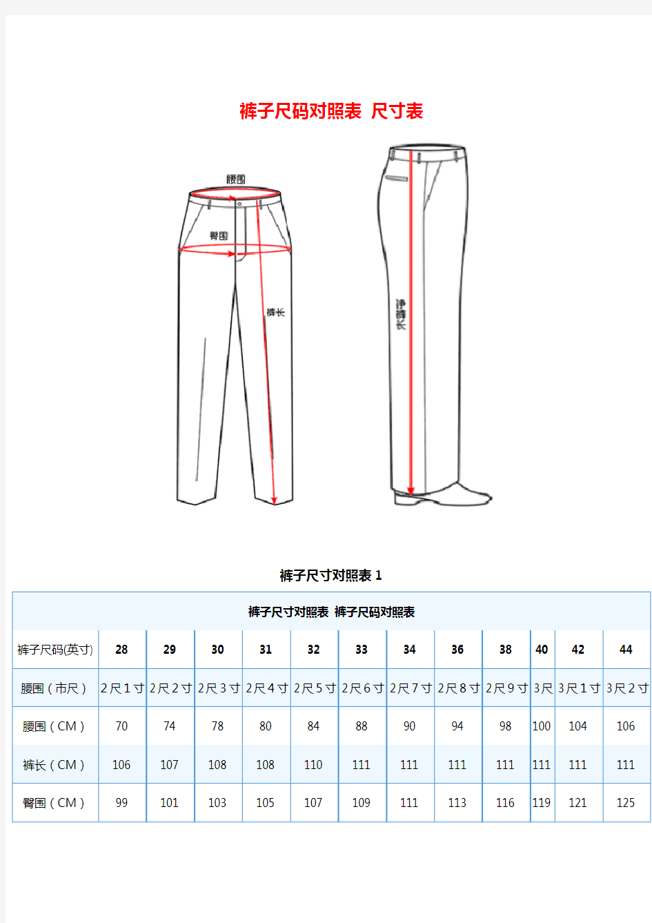 裤子尺码对照表 尺寸表 尺码对照表