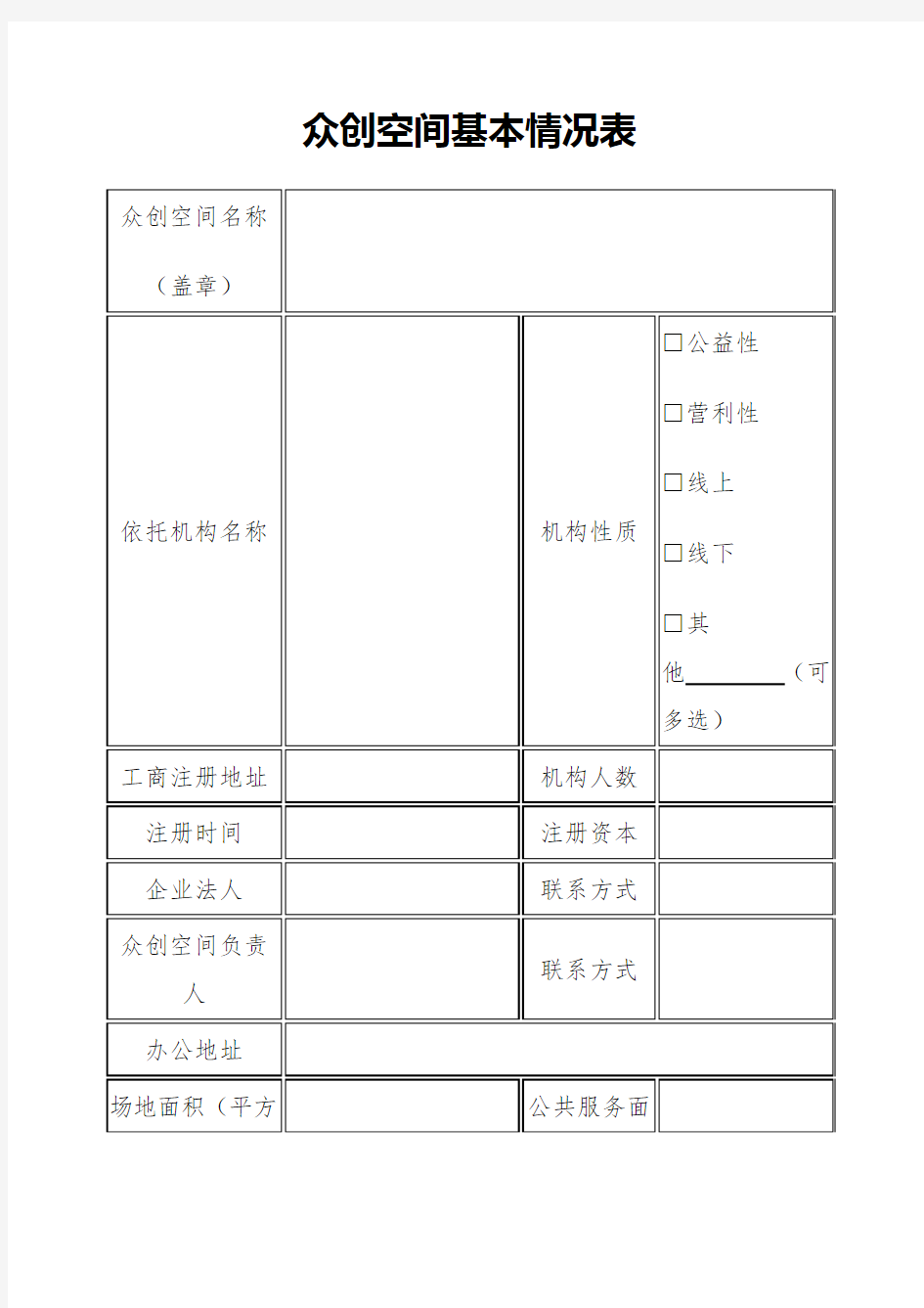 众创空间基本情况表