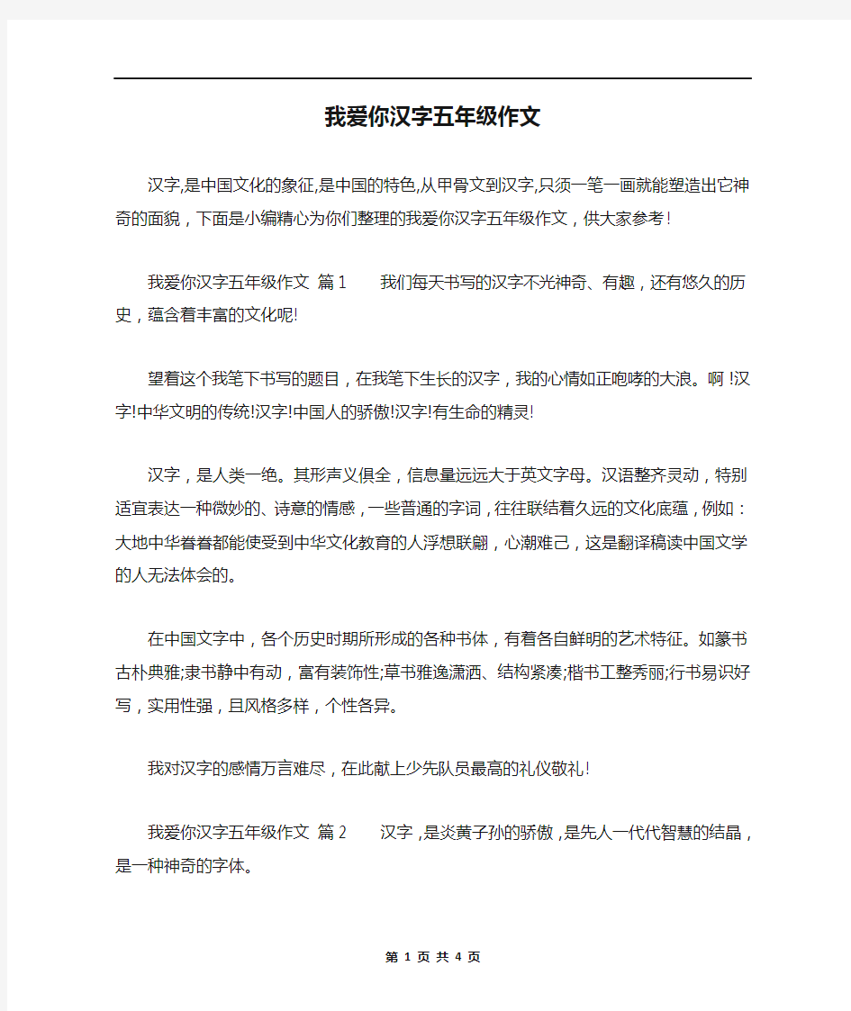 我爱你汉字五年级作文