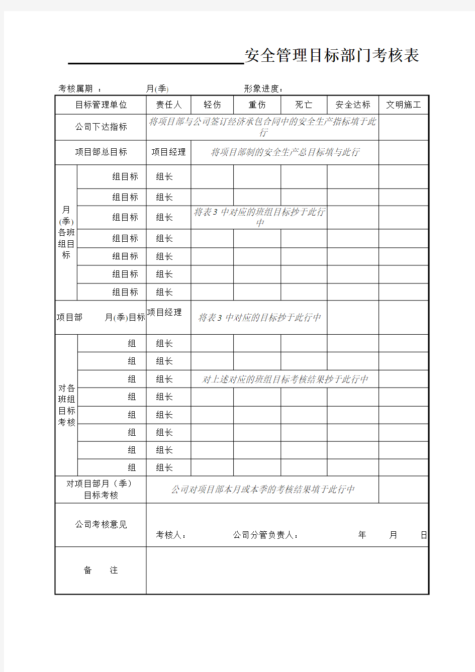 安全管理目标部门考核表