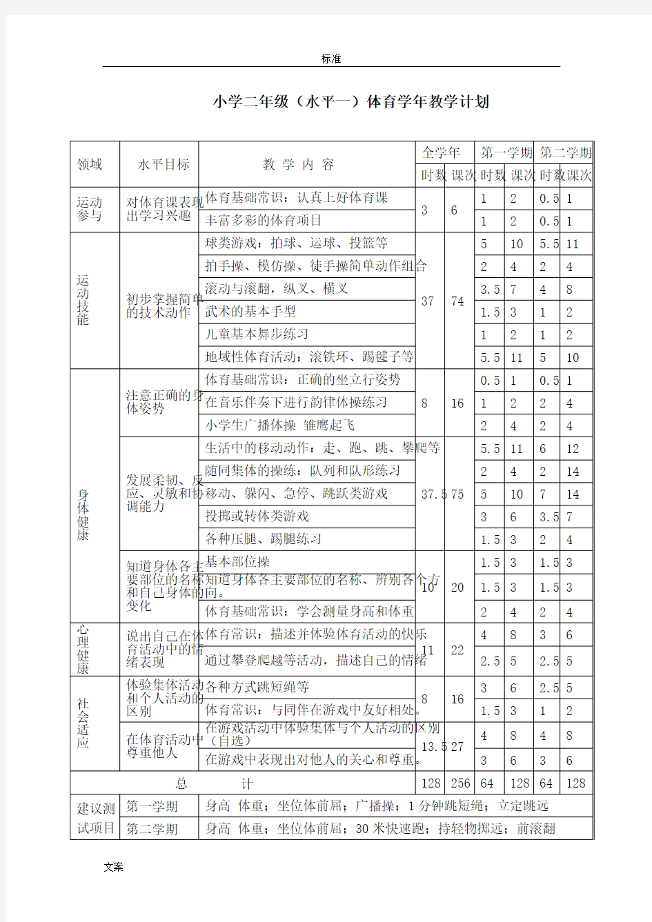 小学体育水平一学年教学计划清单