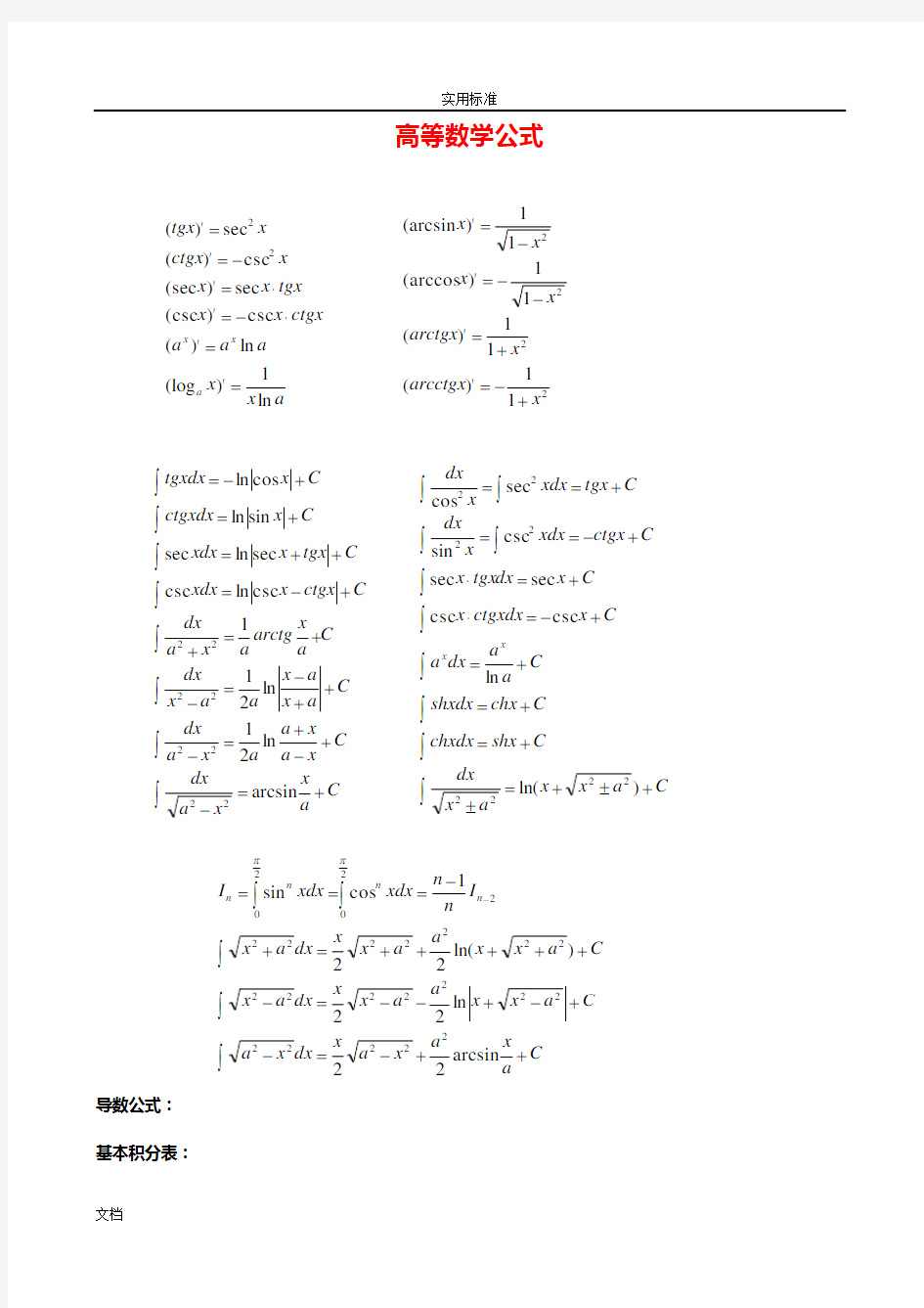 高等数学常用公式定理