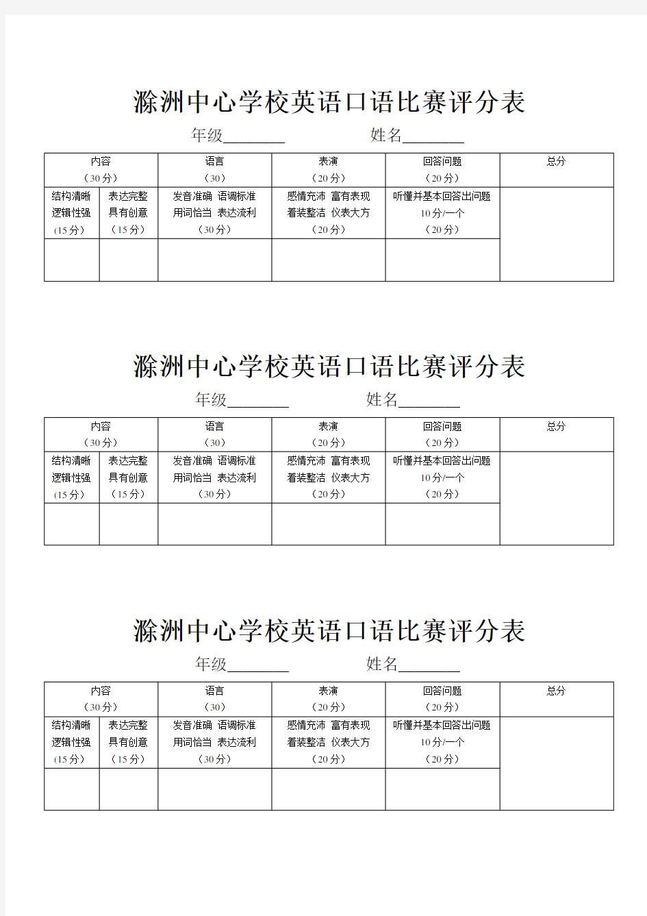 英语口语比赛评分表