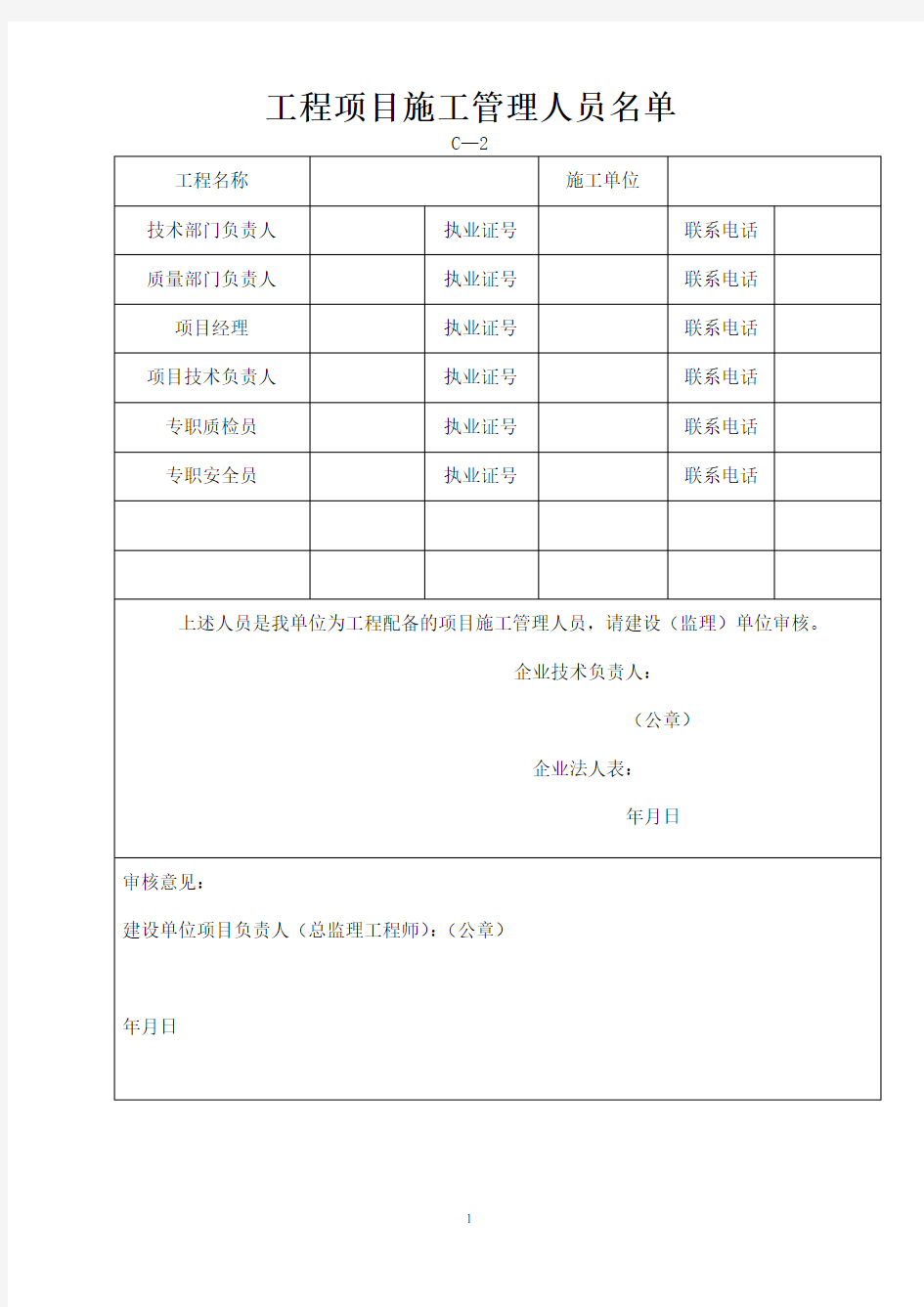 工程项目施工管理人员名单