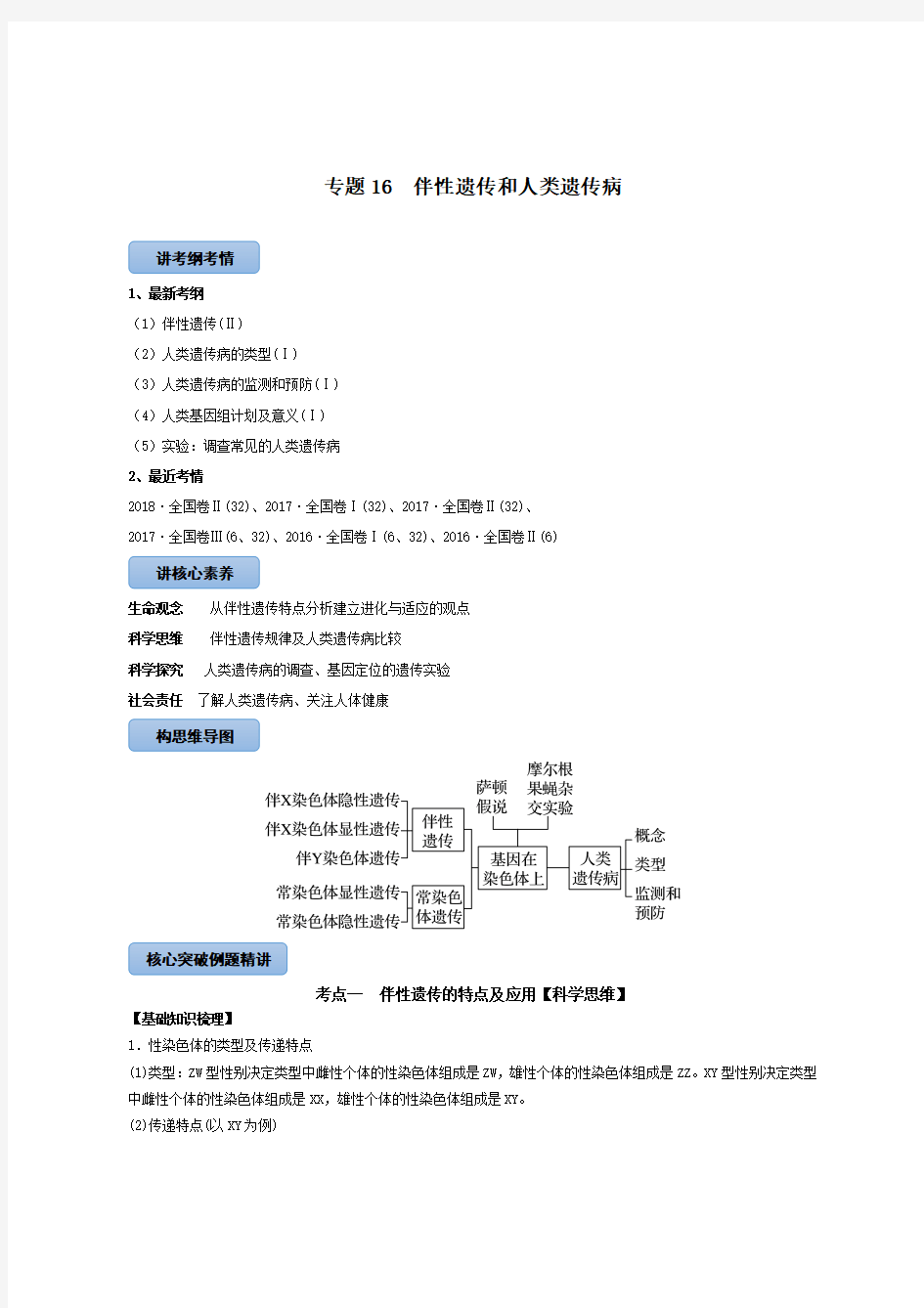 2020-2021学年高三生物一轮复习专题16 伴性遗传和人类遗传病【讲】【带答案】 