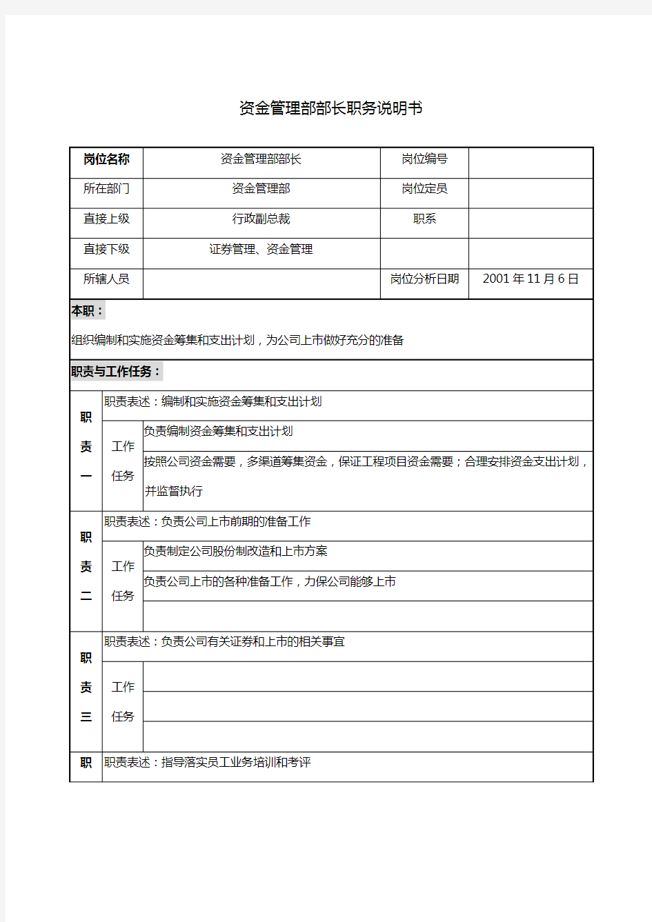 资金管理部部长岗位职责说明