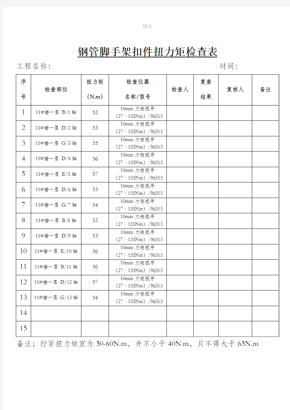 钢管脚手架扣件扭力矩检查表