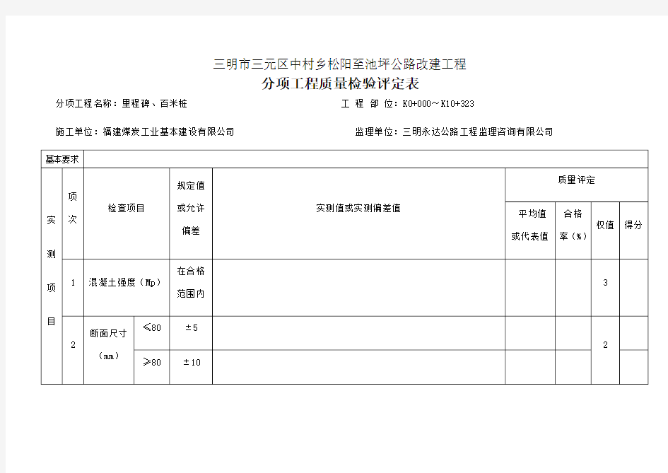 公路工程分部分项工程质量检验评定表