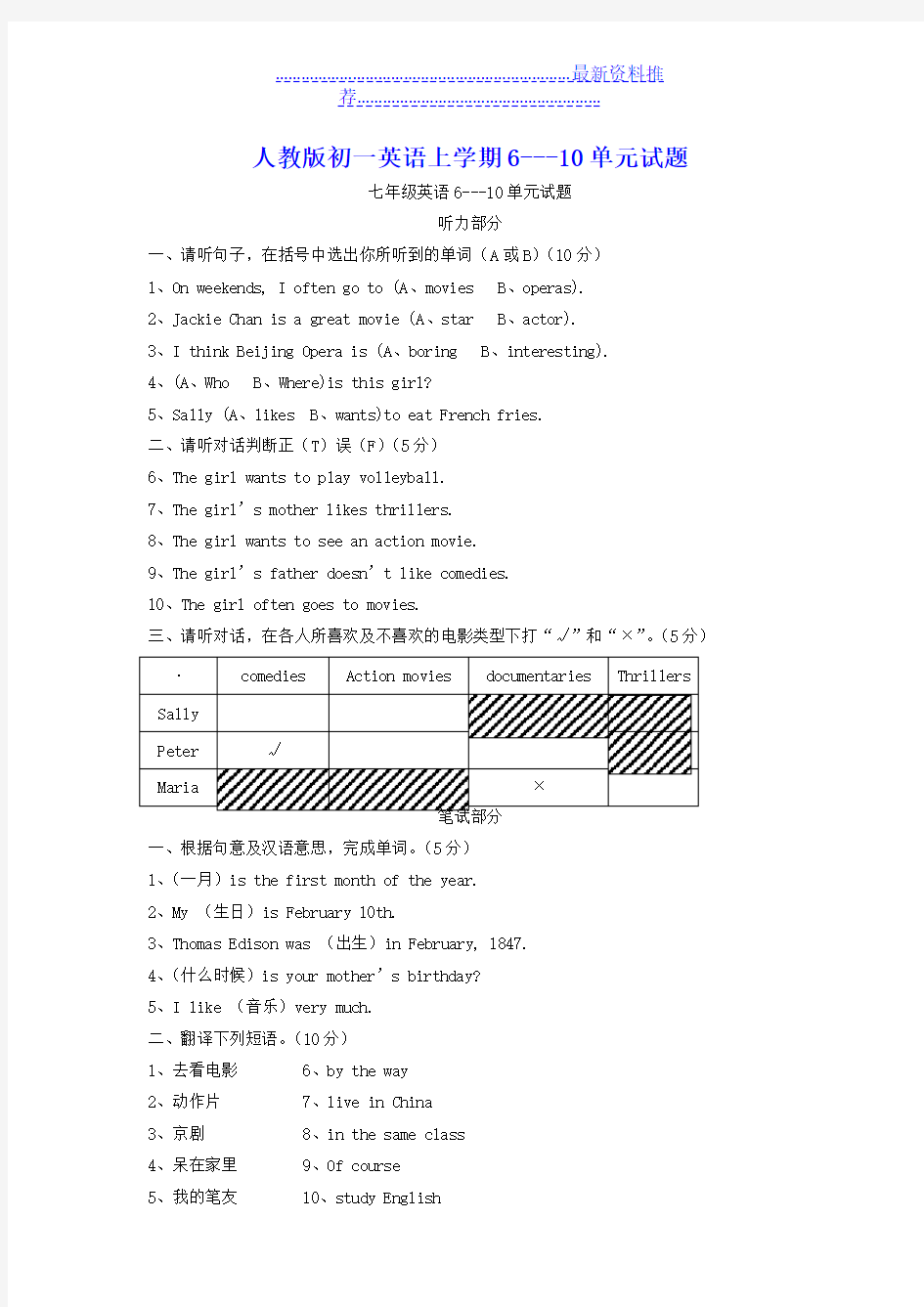 人教版初一英语上学期610单元试题