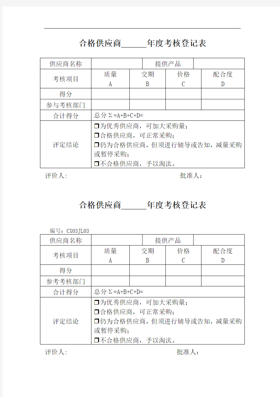 合格供应商年度考核登记表