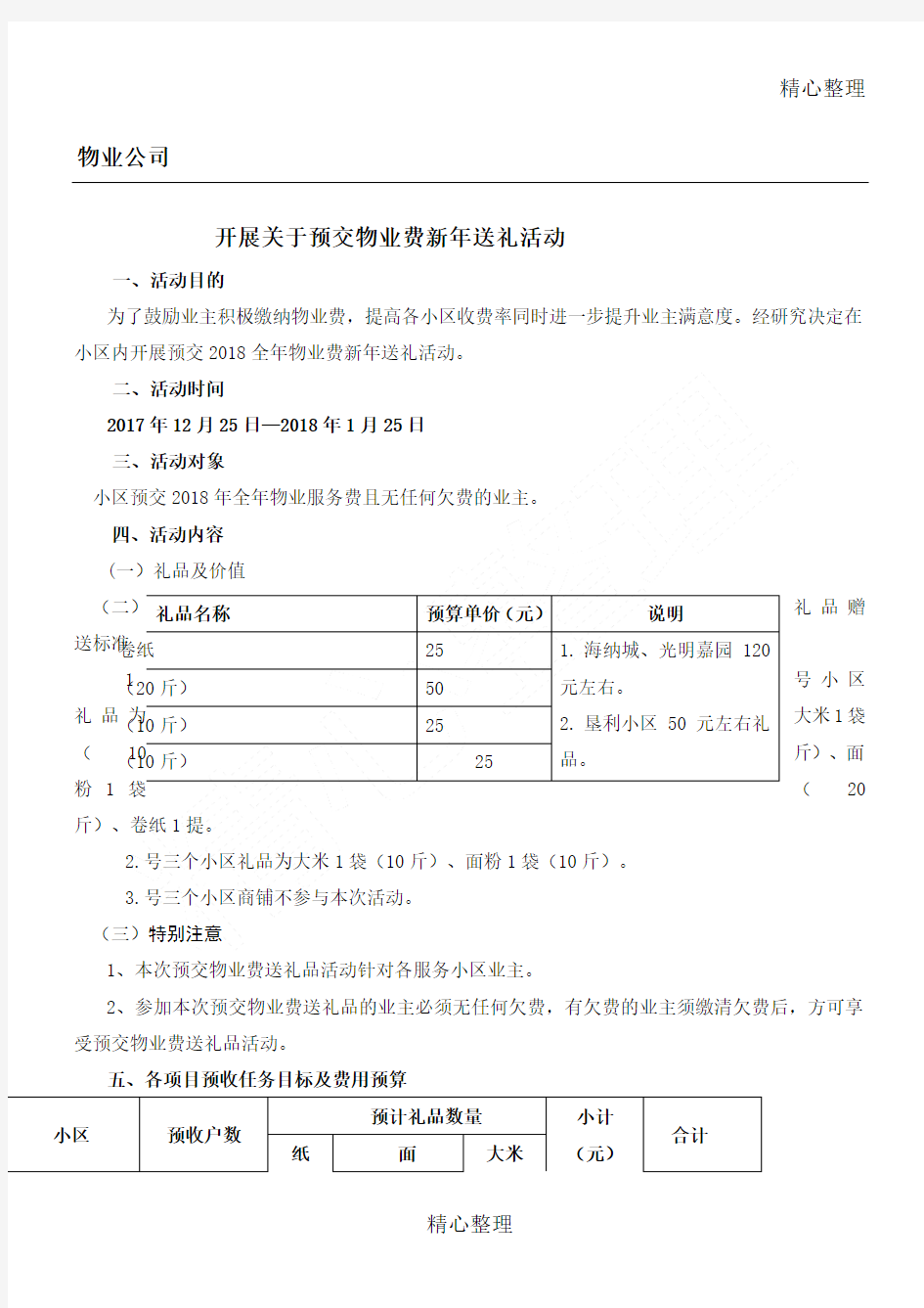 关于开展物业费送礼品活动方案