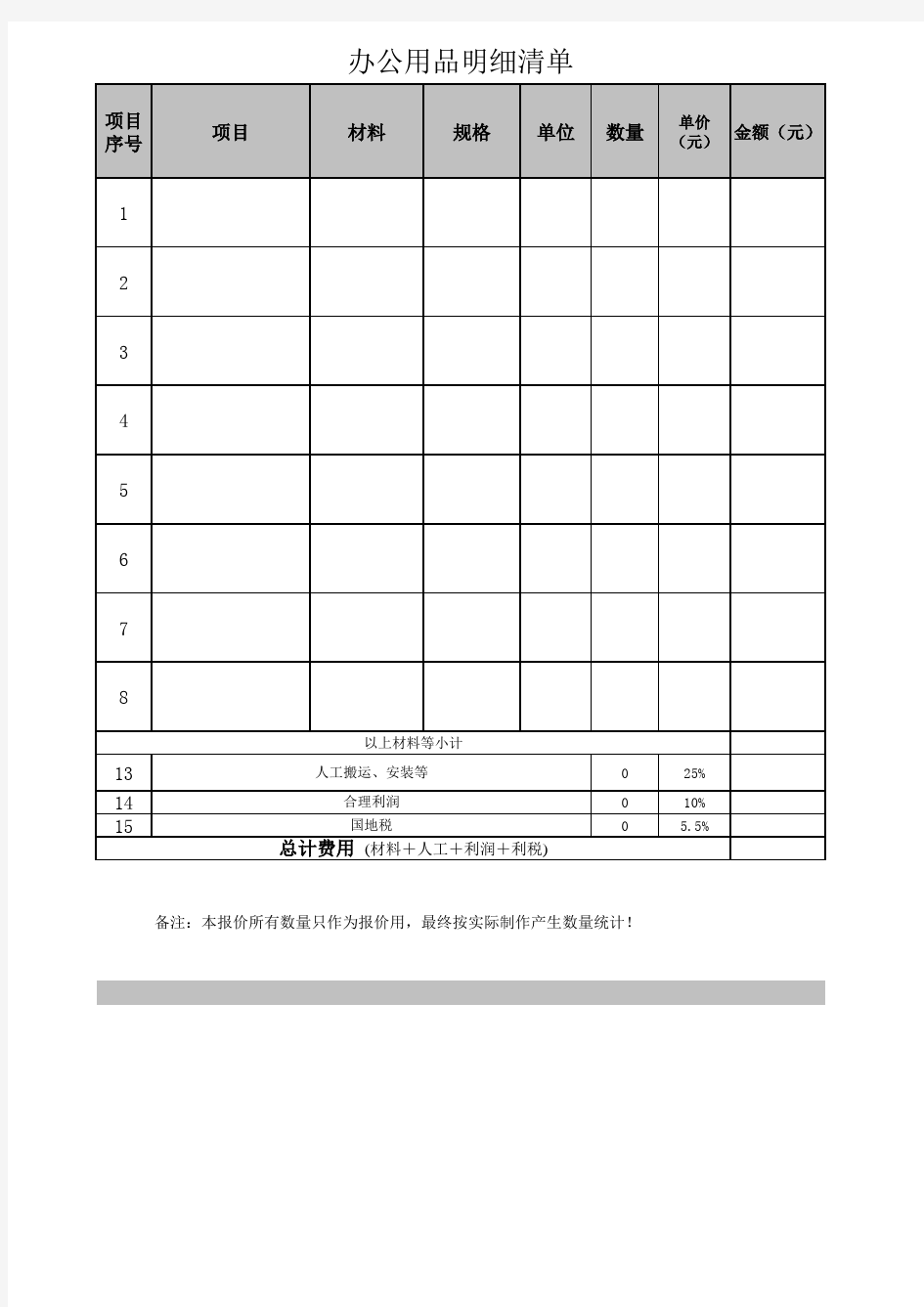 办公用品明细清单