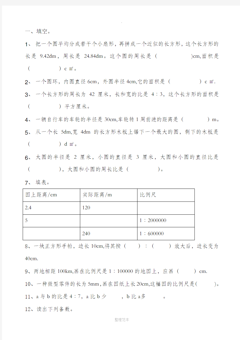 小学六年级数学易错题归纳