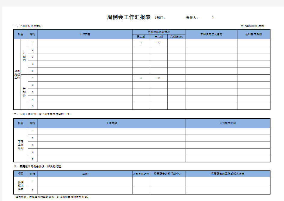 周例会工作汇报表