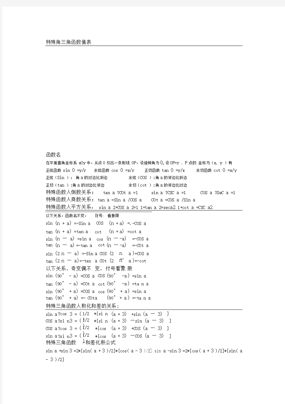 特殊角三角函数值表