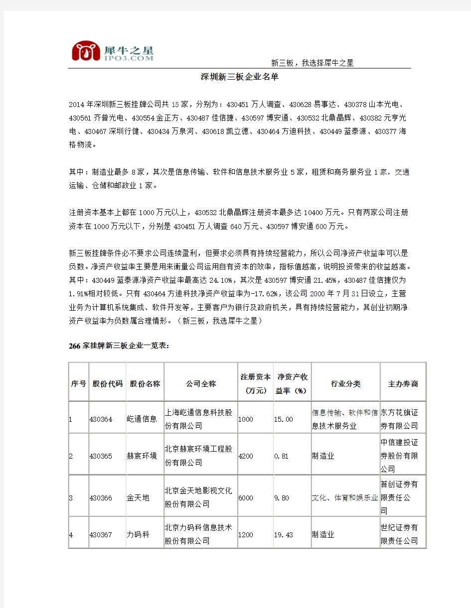 深圳新三板企业名单.