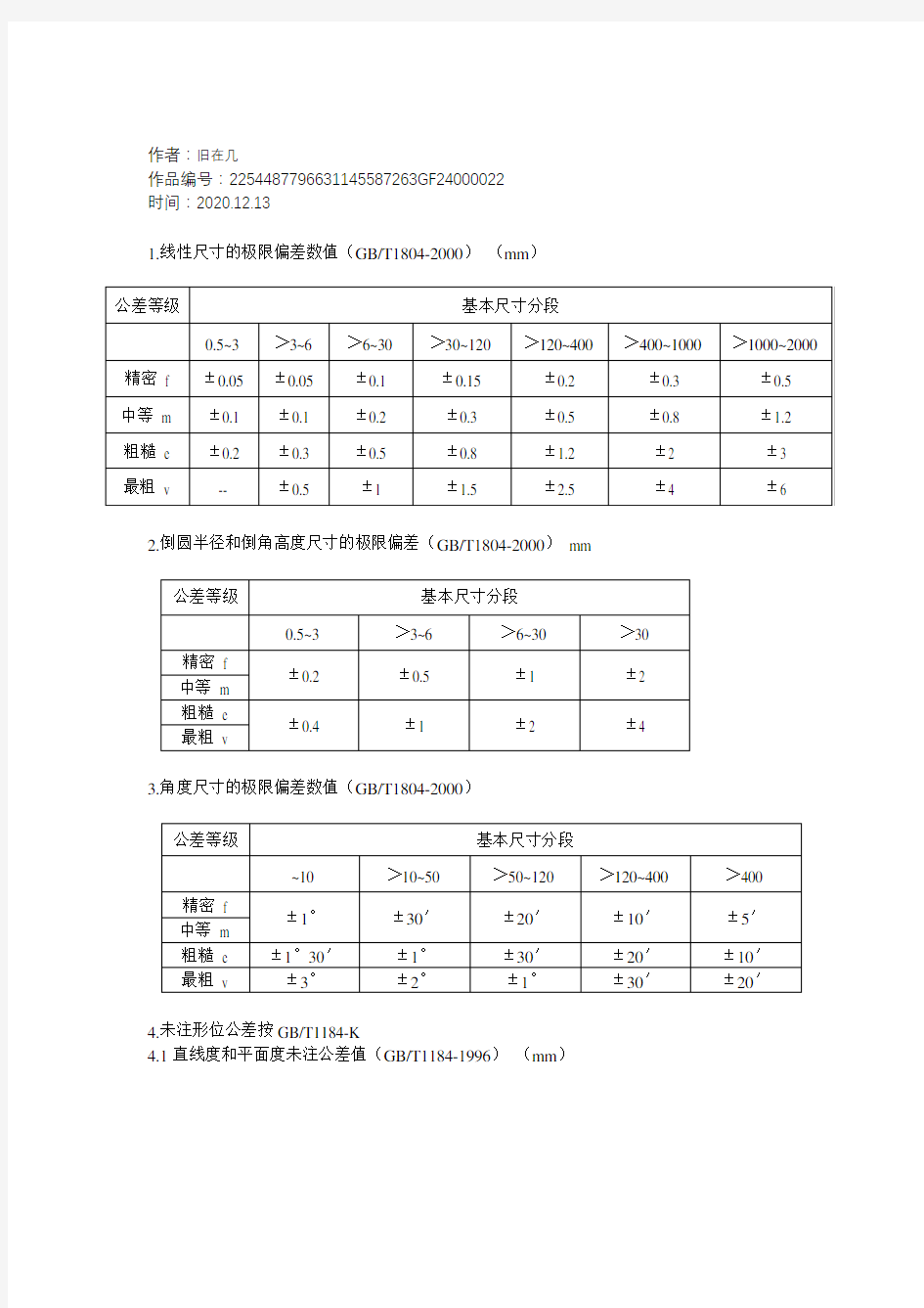 2020年机械加工自由公差表