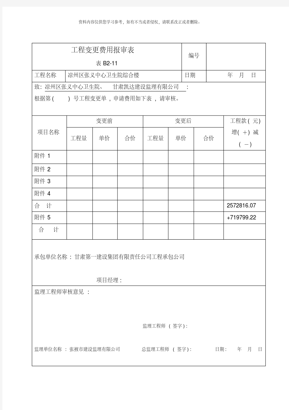 工程变更费用报审表样本