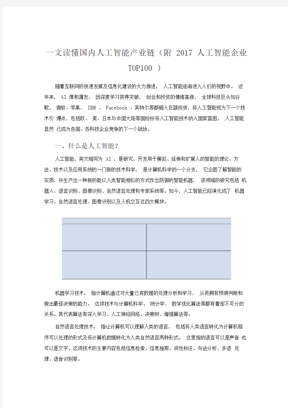 一文读懂国内人工智能产业链(附人工智能企业TOP100)