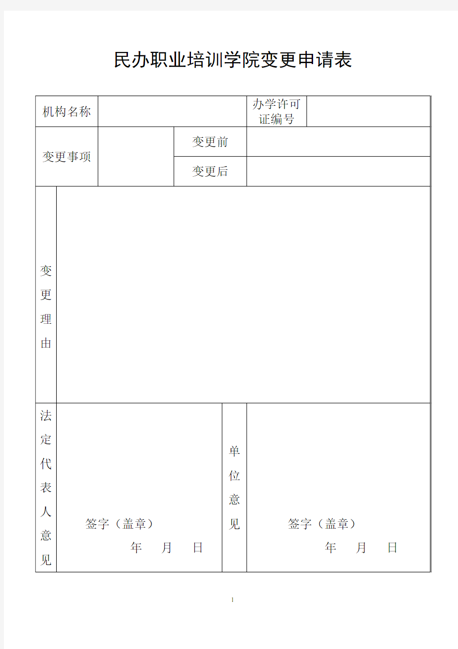 民办职业培训学院变更申请表