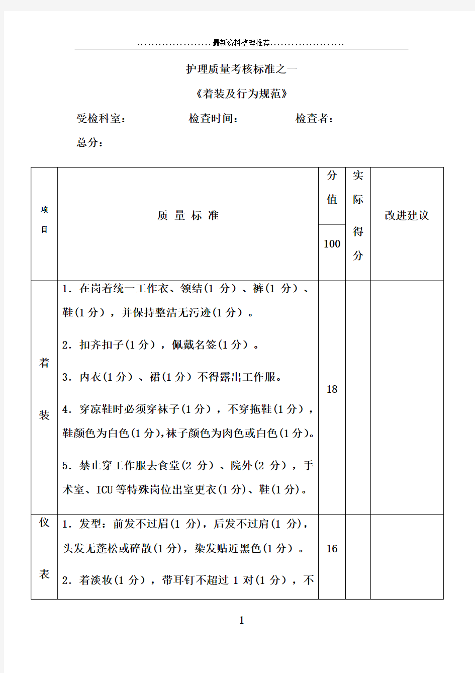 护理质量控制检查7S评分标准