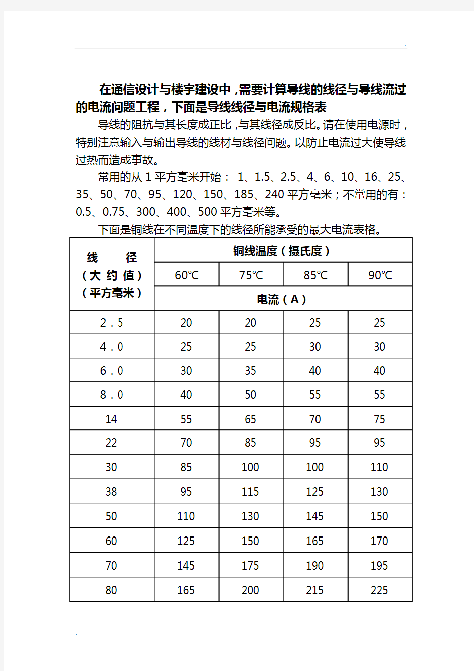 导线线径与电流对照表