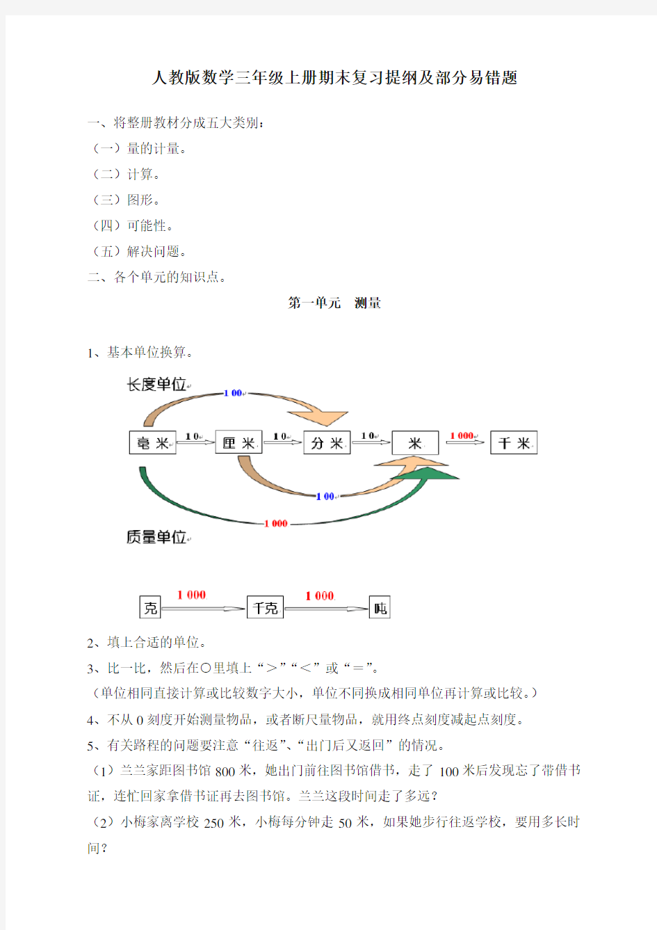 人教版小学三年级上册数学知识点复习及易错题(2019新)