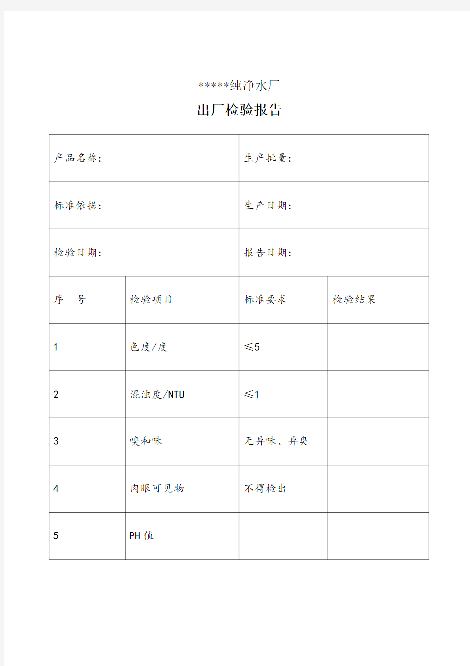 纯净水出厂检验报告