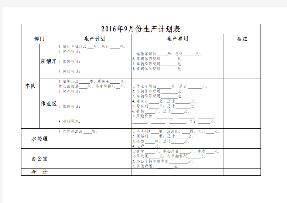 生产计划月报表