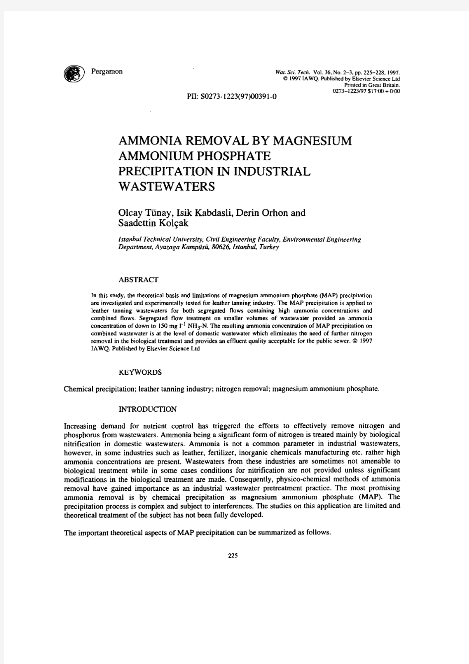 Ammonia removal by magnesium ammonium phosphate precipitation in industrial wastewaters