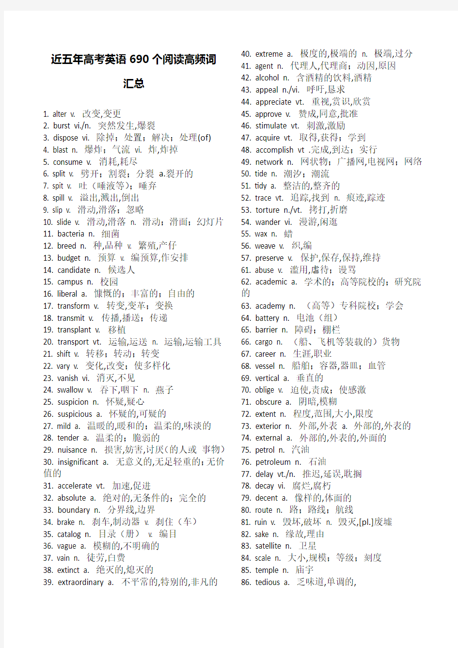 近五年高考英语690个阅读高频词汇总