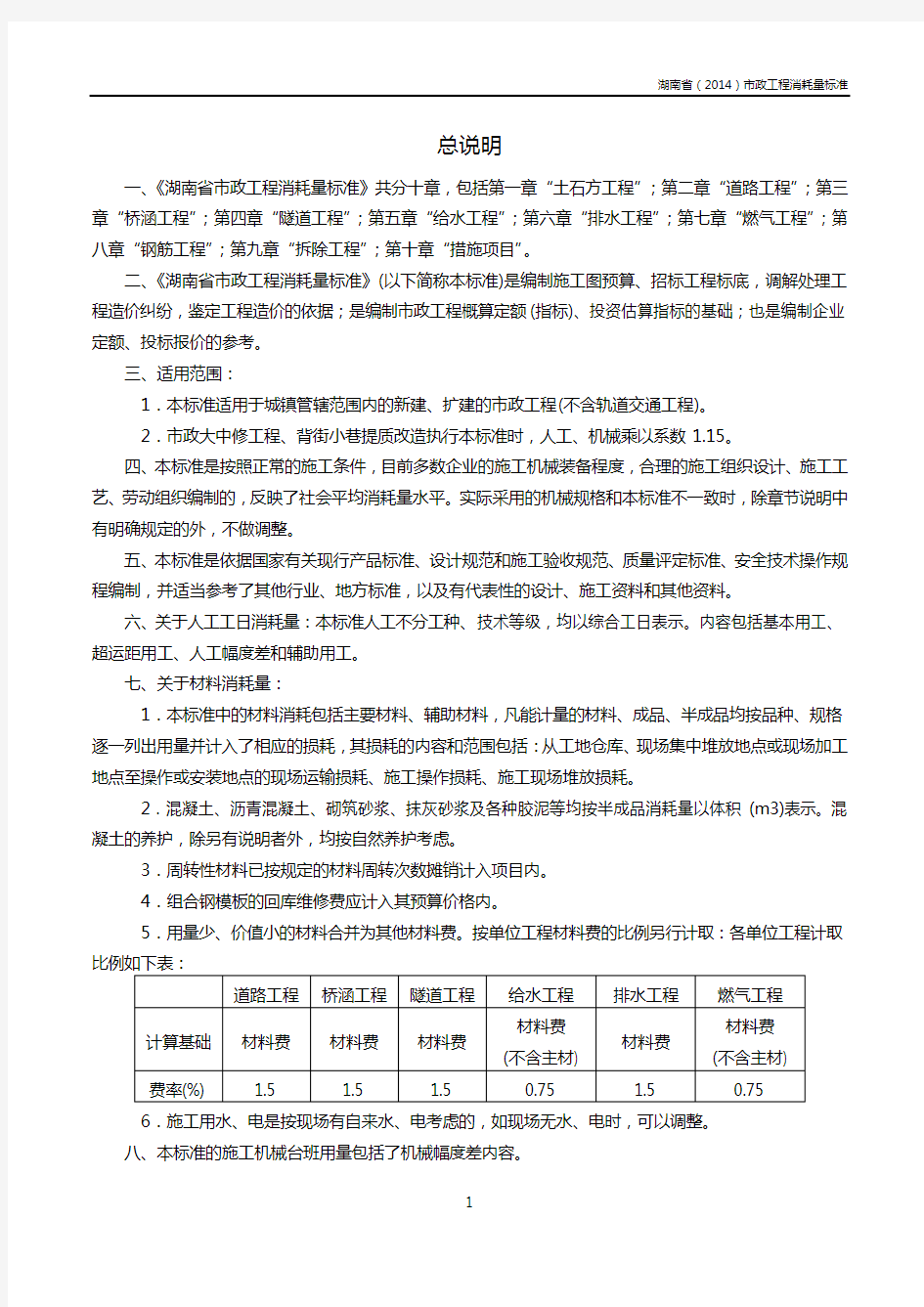 湖南省市政工程消耗量标准