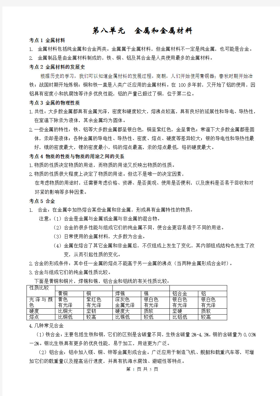 金属和金属材料知识点总结