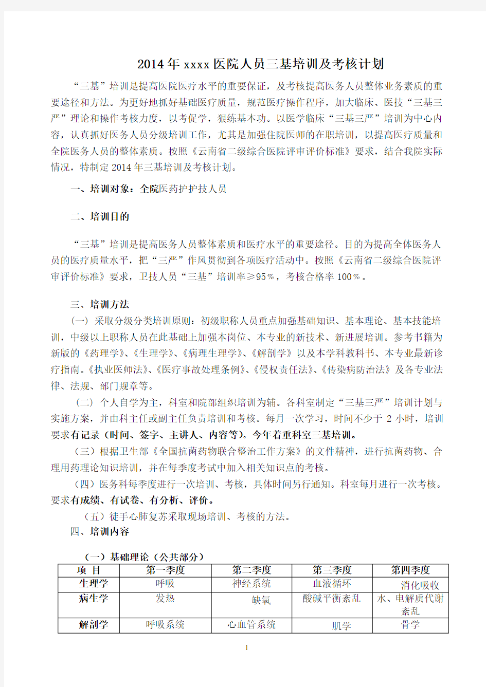 xx医院三基培训计划