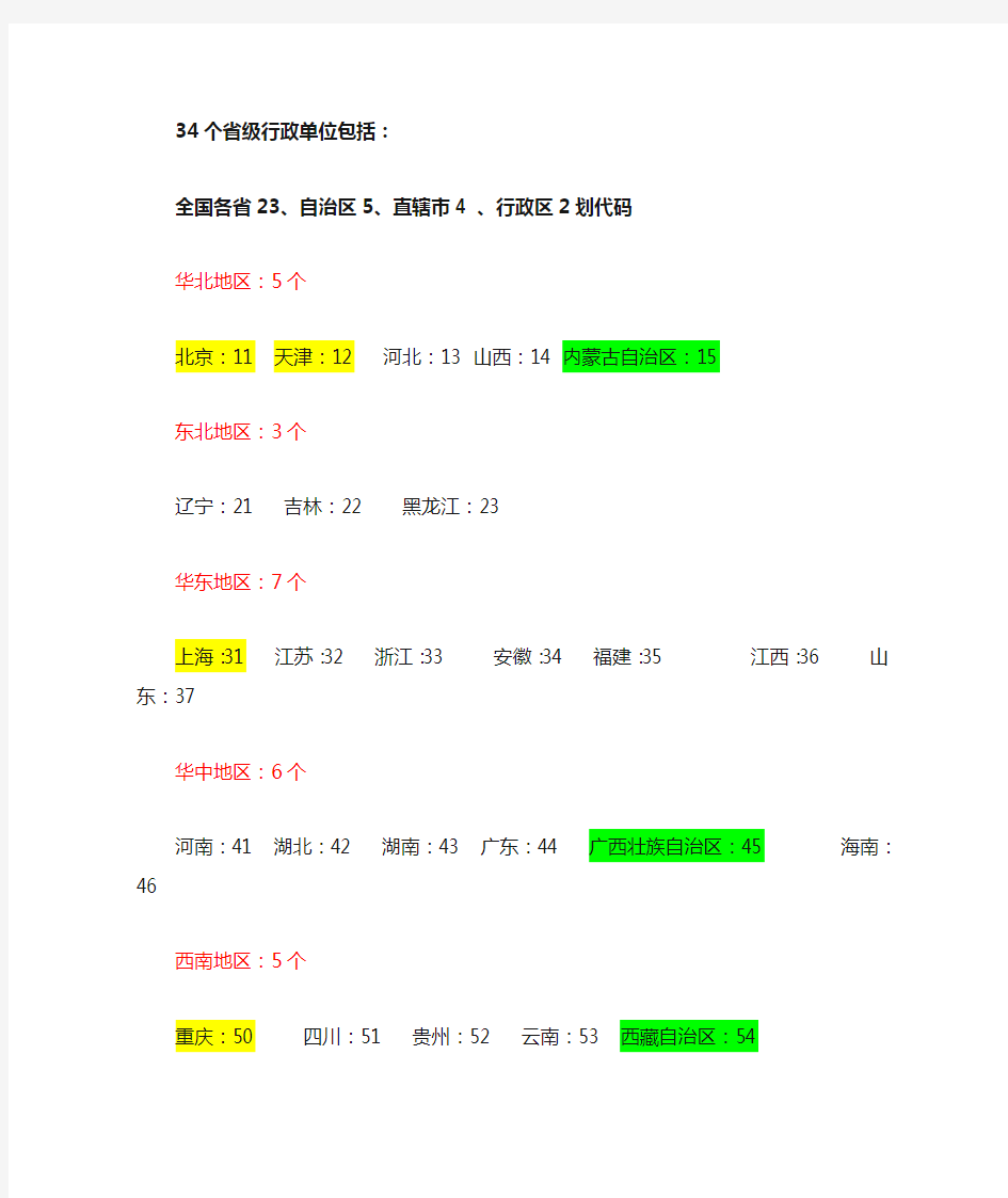 全国各省、自治区、直辖市行政区划代码