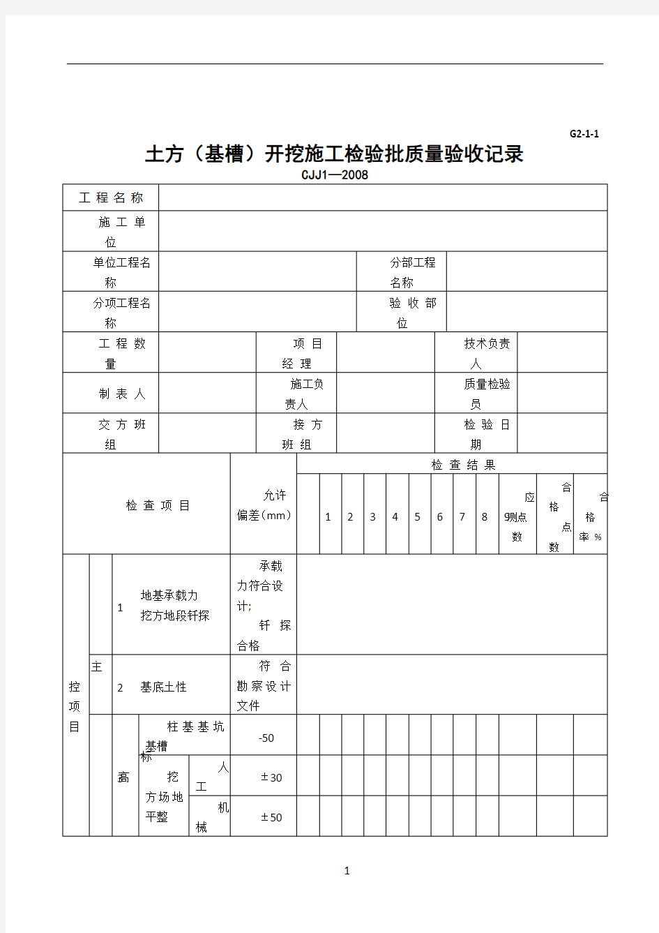 G2—1—1土方(基槽)开挖施工检验批质量验收记录