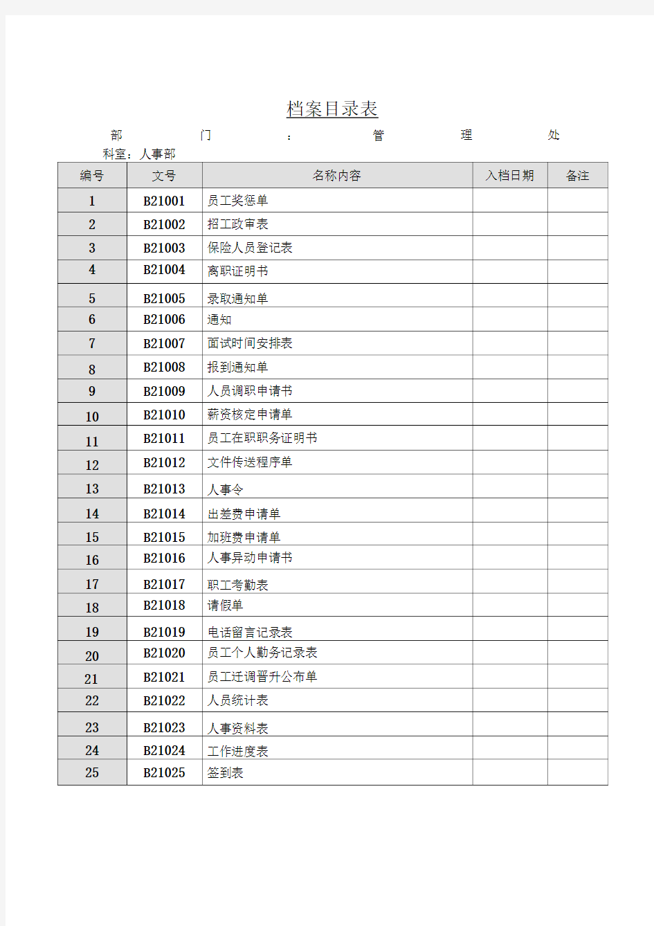 某公司档案目录表