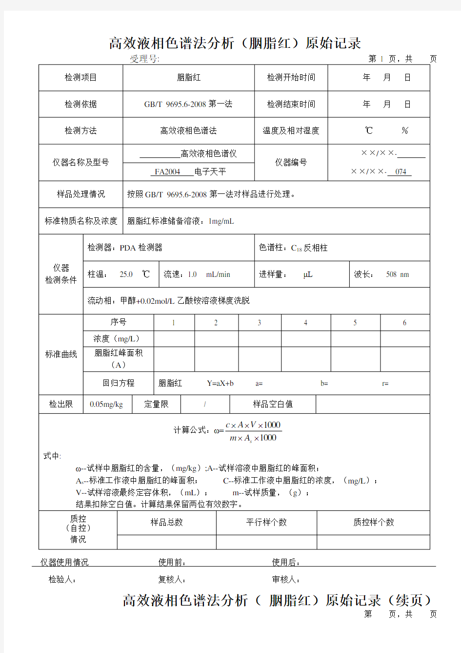 高效液相色谱法分析(胭脂红)原始记录